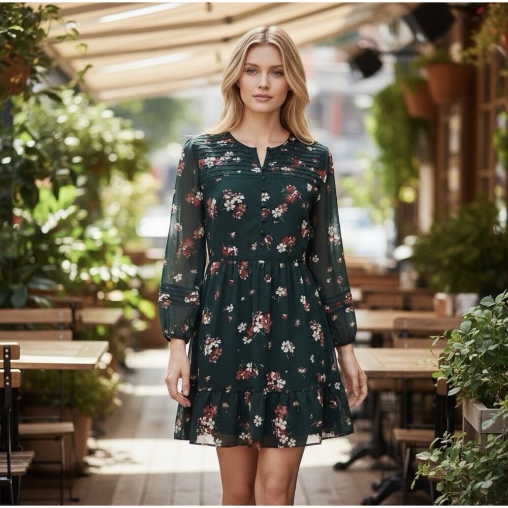 Madewell Sz 2 Sheer-Sleeve Pintuck Ruffle Green Mini Dress in Spruce Blooms